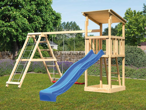 Speeltoren SET Anna natuur incl. glijbaan blauw + dubbele schommel met klimrek