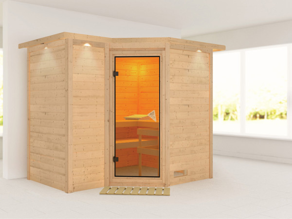 Massieve sauna Sahib 2 met dakkraag, kompleet transparente gebronsde glazen deur