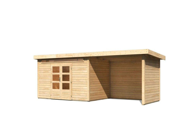 Berging SET Kandern 7 28 mm natuurlijke afwerking, incl. 3,2 m aangebouwd dak + zij- en achterwand