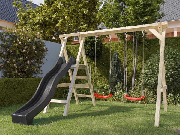 Dubbele schommel met platform Cosy Double KDI incl. glijbaan grijs + 2 schommelzitjes rood