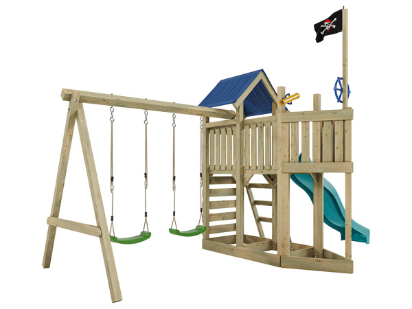 Geïmpregneerde houten speeltoren Pirat Captain Snappy met dubbele schommel incl. turquoise glijbaan