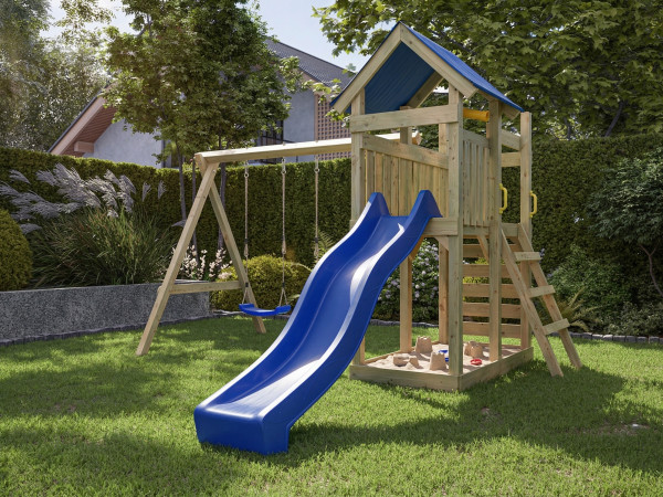 Speeltoren Speedy geïmpregneerd incl. dubbele schommel, blauwe glijbaan en blauwe schommelzitjes