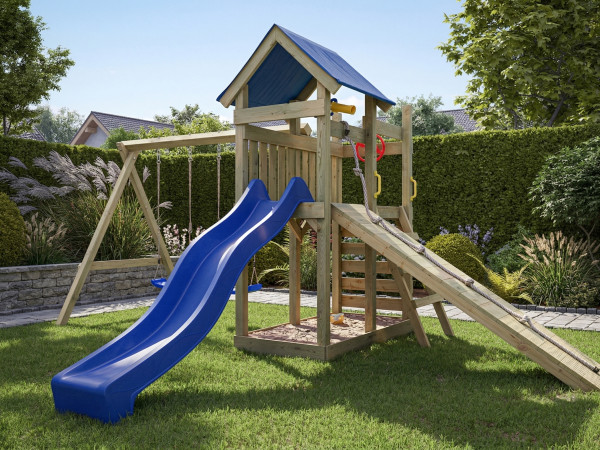 Geïmpregneerd houten speeltoren Hefty incl. dubbele schommel en blauwe glijbaan met blauwe schommelz