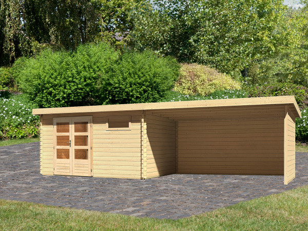 Tuinhuisje blokhut SET Bastrup 8 28 mm natuurlijke afwerking, incl. 4 m aanbouwdak + zij--achterwand