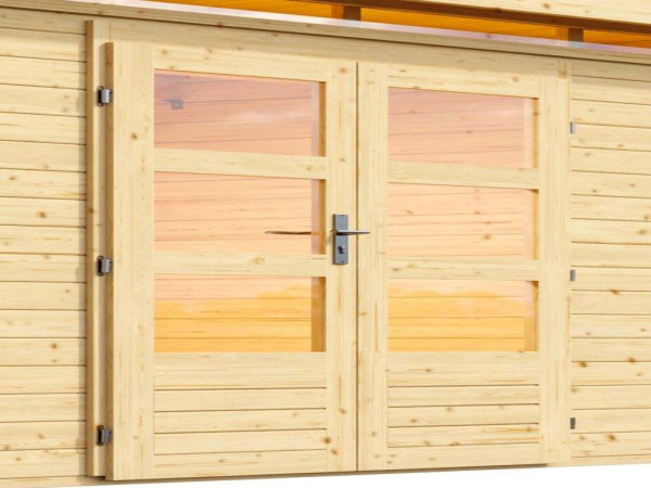 Berging SET Kandern 7 28 mm natuurlijke afwerking, incl. 3,2 m aangebouwd dak + zij- en achterwand