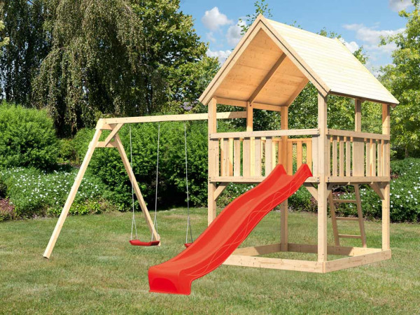Speeltorenset Luis naturel incl. glijbaan rood en dubbele schommel