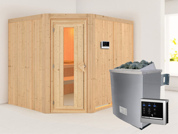 Systeemsauna Malin houten deur met geïsoleerd glas, incl. 9 kW saunakachel ext. besturing