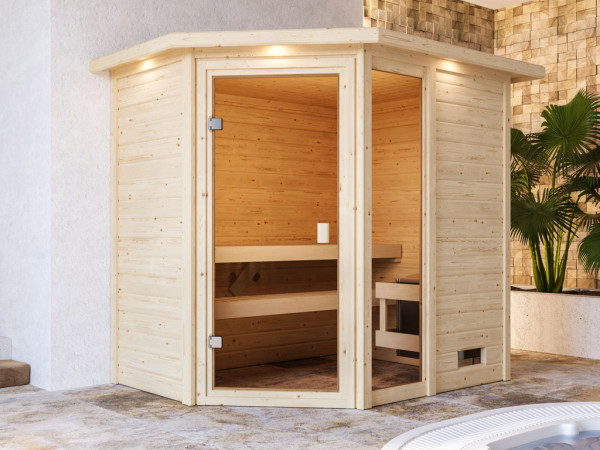 Sauna Jada met gebronsde glazen deur en dakkraag + 9 kW saunakachel int. besturing