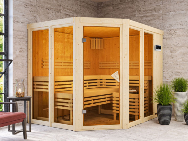 Sauna Ainur met gebronsde glazen deur + 9 kW Bio-Combi-kachel met ext. besturing