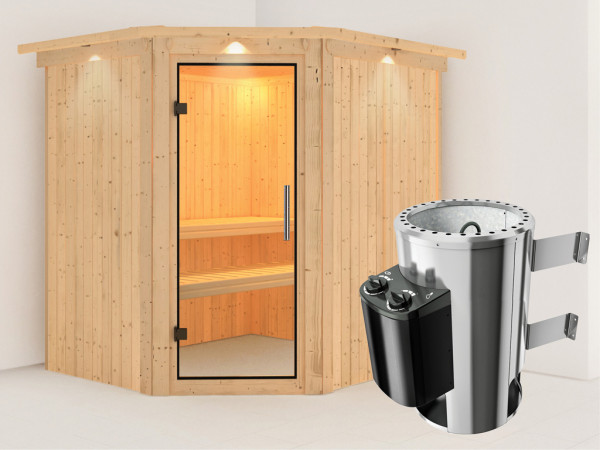 Systeemsauna Lilja met dakkraag, transparent glazen deur + Plug & Play saunakachel met besturing