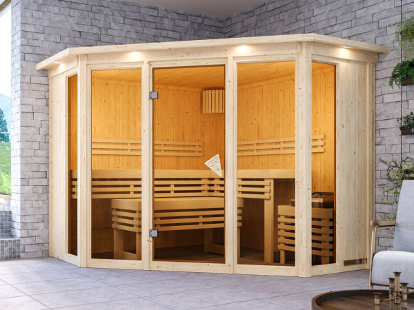 Sauna Alcinda met gebronsde glazen deur en dakkraag + 9 kW saunakachel int. besturing