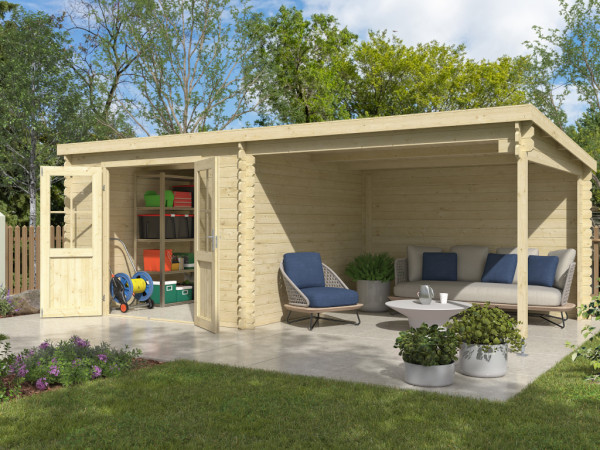 Tuinhuis Blokhut Orlando exclusief 28 mm onbehandeld met 3 m aanbouw