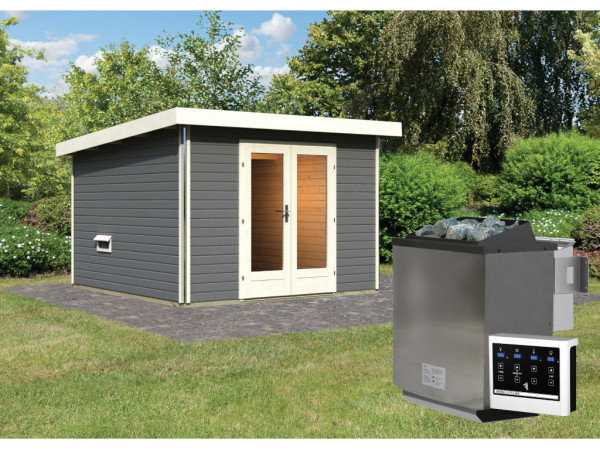 Saunahuis Mainburg 1 terragrijs 38 mm incl. Bio-Combi-kachel 9 kW + ext. besturing