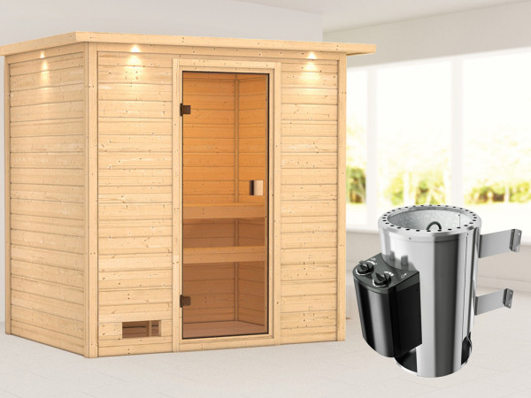 Sauna Selena met gebronsde glazen deur en dakkraag + 3,6 kW Plug & Play saunakachel int. besturing