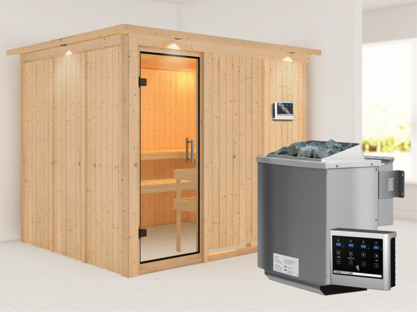 Systeemsauna Gobin met dakkraag, transparent glazen deur + 9 kW Bio-Combi-kachel met ext.besturing