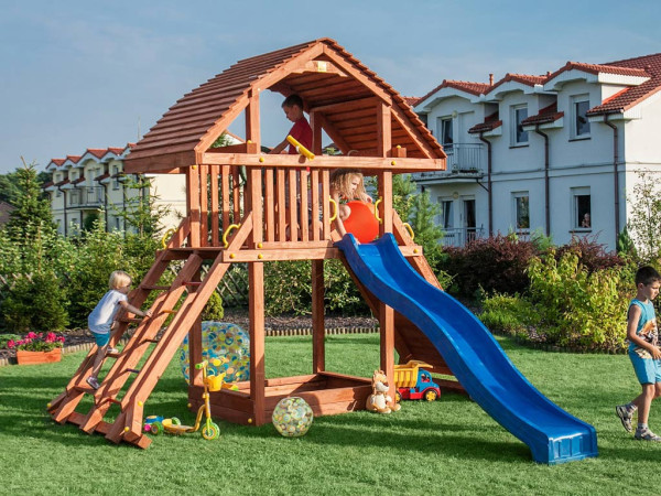 Speeltoren Giant teakkleurig incl. glijbaan blauw