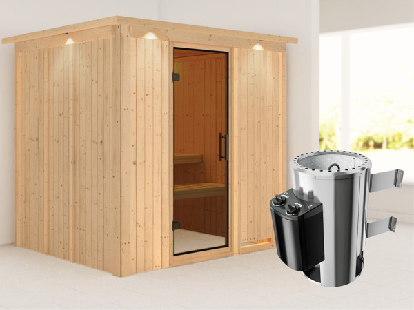 Systeemsauna Daria met dakkraag, grafiet glazen deur + Plug & Play saunakachel met besturing