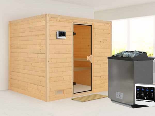 Massieve sauna Sonara kompleet transparente gebronsde glazen deur incl.9kW Bio-kachel ext. besturing