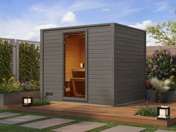 Buitensauna Lenchen 3 terragrijs met bronsgetinte volledig glazen deur