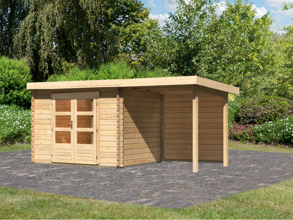 Tuinhuisje blokhut SET Bastrup 3 28 mm natuurlijke afwerking, incl. 2 m aanbouwdak + achterwand