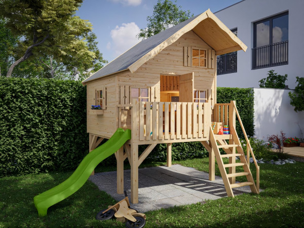 Paalhuis Tom XL 15 mm naturel incl. veranda, Palen en glijbaan groen