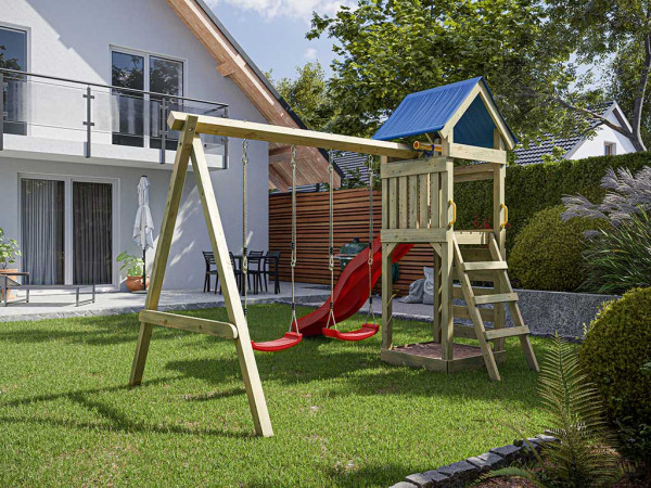 Geïmpregneerde speeltoren Easy incl. dubbele schommel incl. rode glijbaan en rode schommelzitjes