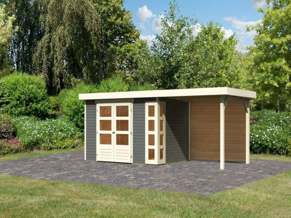 Tuinhuisje SET Kerko 4 19 mm terra grijs, incl. 2,4 m aanbouwdak + achterwand