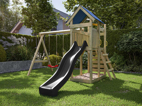 Speeltoren "Speedy" geïmpregneerd incl. dubbele schommel met grijze glijbaan en rode schommelzitjes