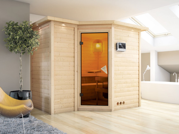 Massieve sauna Sahib 2 met dakkraag kompleet transparente gebronsde glazen deur incl. 9kW Bio-kachel