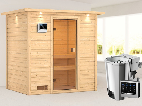 Sauna Selena met gebronsde glazen deur en dakkraag + 3,6 kW Plug & Play Bio-kachel ext. besturing