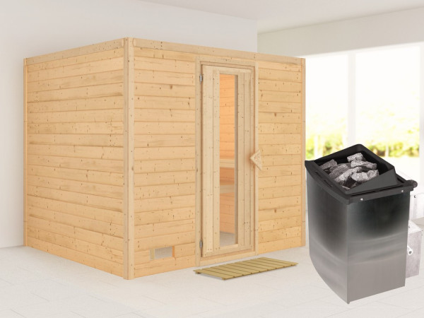Massieve sauna Sonara houten deur met geïsoleerd glas, incl. 9 kW saunakachel int. besturing