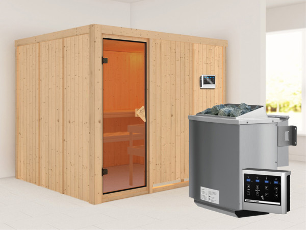 Systeemsauna Gobin kompleet transparente gebronsde glazen deur, incl. 9kW Bio-Combi-kachel