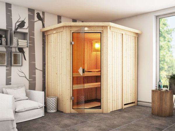 Systeemsauna Carin met dakkraag, kompleet transparente gebronsde glazen deur