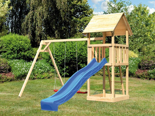 Speeltorenset Lotti naturel incl. glijbaan blauw en dubbele schommel