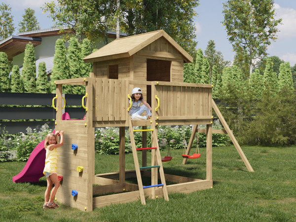 Speeltoren Galaxy L druk geïmpregneerd incl. dubbele schommel + glijbaan roze