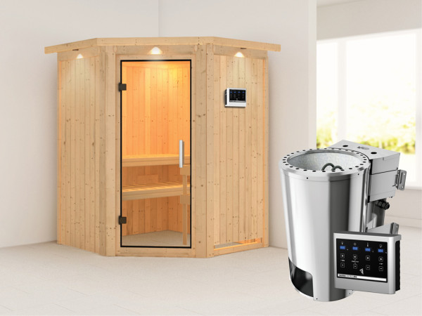 Systeemsauna Nanja met dakkraag, transparent glazen deur + Plug & Play Bio-kachel met ext. besturing