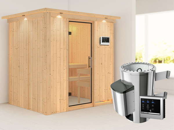 Systeemsauna Fanja met dakkraag, transparent glazen deur + Plug&Play saunakachel met ext. besturing