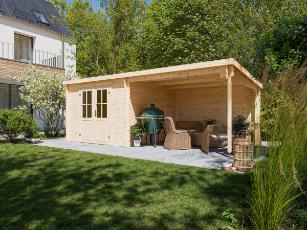 Tuinhuis Blokhut Orlando exclusief 28 mm onbehandeld met 3 m aanbouw