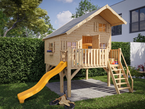 Paalhuis Tom XL 15 mm naturel incl. veranda, Palen en glijbaan geel