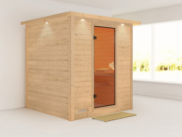 Massieve sauna Mojave met dakkraag, kompleet transparente gebronsde glazen deur