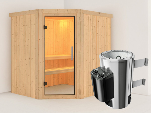 Systeemsauna Lilja transparent glazen deur + Plug & Play saunakachel met besturing