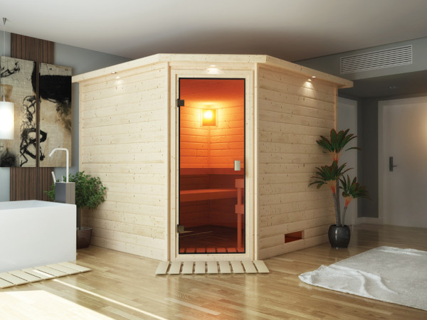 Massieve sauna Leona met dakkraag, kompleet transparente gebronsde glazen deur