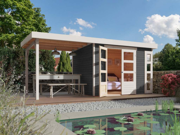 Tuinhuis SET Kerko 4 19 mm terragrijs, incl. 2,8 m aanbouwdak