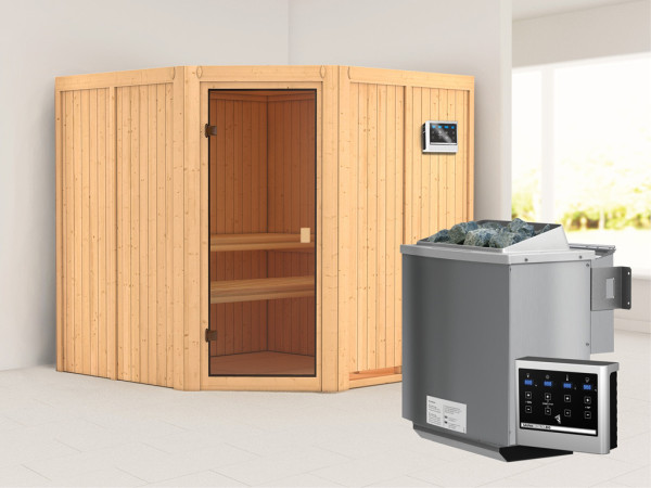 Sauna Kotka met gebronsde glazen deur + 9 kW Bio-Combi-kachel met ext. besturing