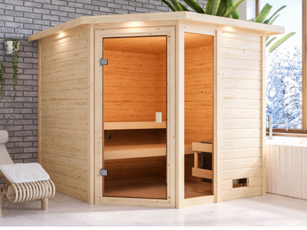 Sauna Tabea met gebronsde glazen deur en dakkraag