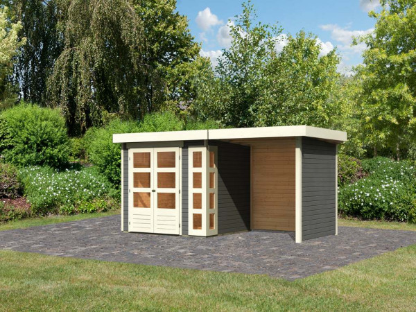 Tuinhuisje SET Kerko 3 19 mm terra grijs, incl. 2,4 m aangebouwd dak + zij- en achterwand