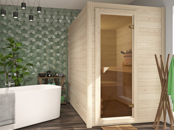 Sauna massief houten sauna VOORDEELSET Pepermint incl. 3,6 kW biokachel met externe besturing