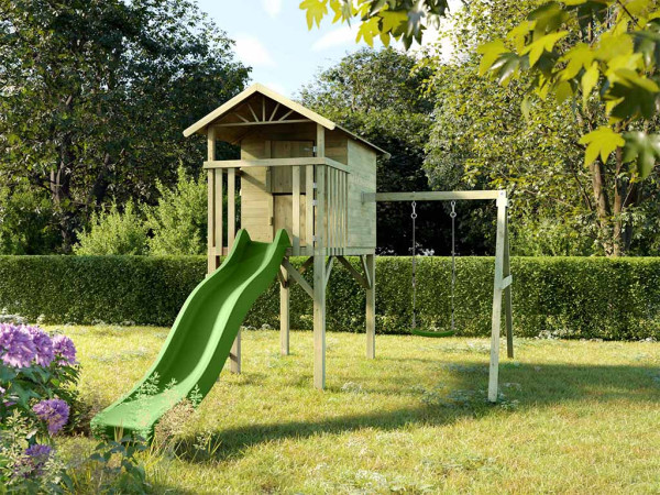 Geïmpregneerd speelhuisje op palen "Tree Hut" incl. enkele schommel en groene glijbaan