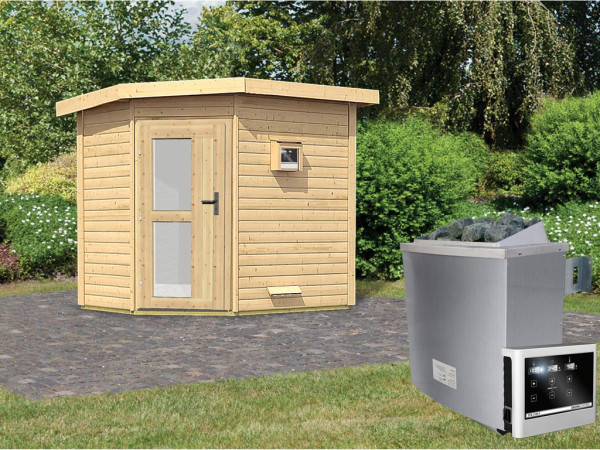 Saunahuis Mikka met matglazen deur, incl. 9 kW saunakachel met ext. besturing
