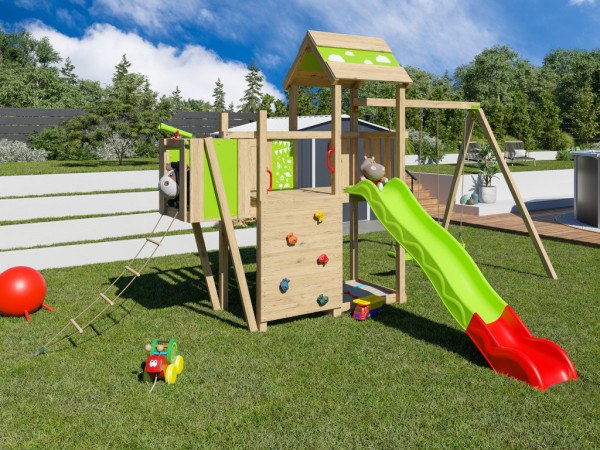 Speeltoren Louanne incl. dubbele schommel, klimwand + glijbaan groen-rood
